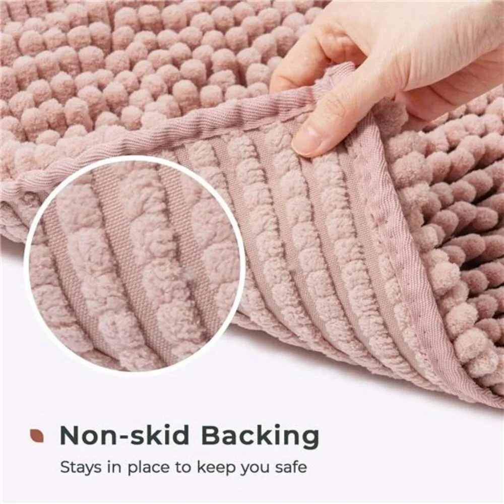 Dusty Pink Chenille Bath Mat Soft Non Slip Absorbent Bathroom Rug Washable
